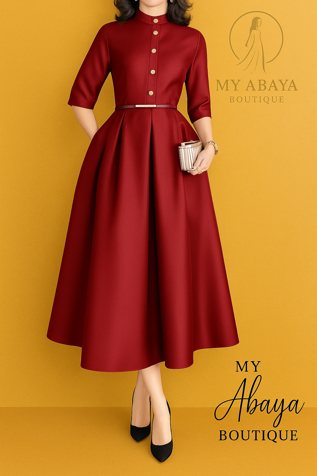 Robe Maxi Élégante Femme – Automne 2025, Col Montant & Manches 3/4