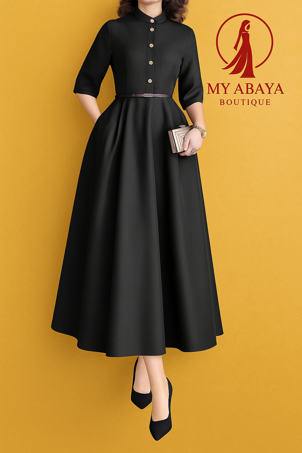 Robe Maxi Élégante Femme – Automne 2025, Col Montant & Manches 3/4